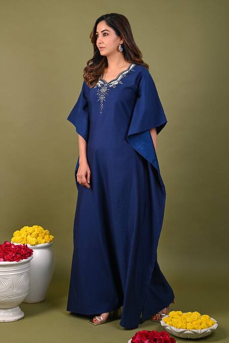 Hasrat By Salma Blue Silk, Chanderi Sequins, Beads Scoop Neck Placement Hand Embroidered Kaftan Online at Aza Fashions Hasrat By Salma_Blue Silk, Chanderi Sequins, Beads Scoop Neck Placement Hand Embroidered Kaftan _Online_at_Aza_Fashions