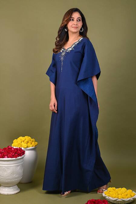 Buy Hasrat By Salma Blue Silk, Chanderi Sequins, Beads Scoop Neck Placement Hand Embroidered Kaftan Online at Aza Fashions Buy_Hasrat By Salma_Blue Silk, Chanderi Sequins, Beads Scoop Neck Placement Hand Embroidered Kaftan _Online_at_Aza_Fashions