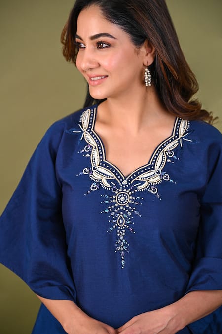 Hasrat By Salma Blue Silk, Chanderi Sequins, Beads Scoop Neck Placement Hand Embroidered Kaftan at Aza Fashions Hasrat By Salma_Blue Silk, Chanderi Sequins, Beads Scoop Neck Placement Hand Embroidered Kaftan _at_Aza_Fashions