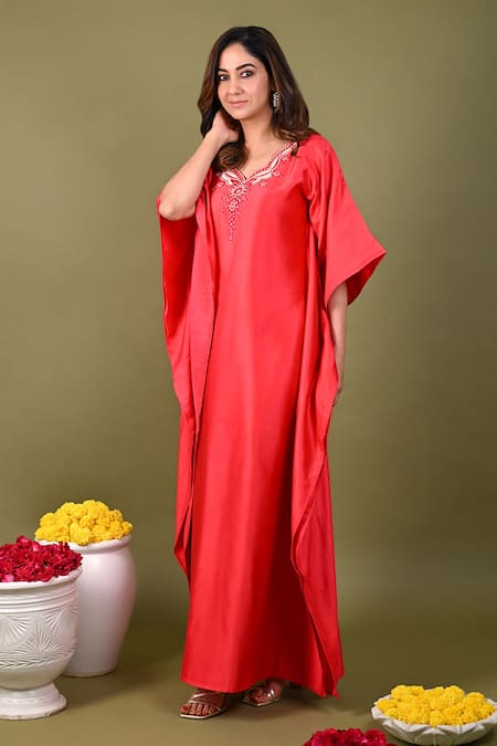 Shop Hasrat By Salma Red Silk, Chanderi Beads, Sequins Scoop Neck Hand Embroidered Kaftan at Aza Fashions Shop_Hasrat By Salma_Red Silk, Chanderi Beads, Sequins Scoop Neck Hand Embroidered Kaftan _at_Aza_Fashions