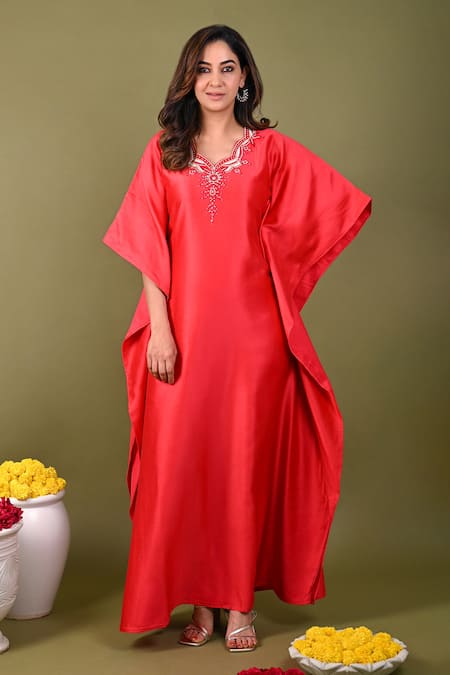 Hasrat By Salma Red Silk, Chanderi Beads, Sequins Scoop Neck Hand Embroidered Kaftan Online at Aza Fashions Hasrat By Salma_Red Silk, Chanderi Beads, Sequins Scoop Neck Hand Embroidered Kaftan _Online_at_Aza_Fashions