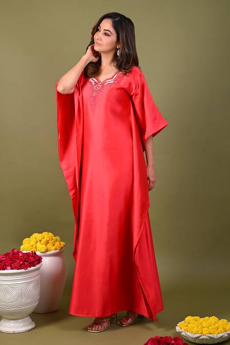 Buy Hasrat By Salma Red Silk, Chanderi Beads, Sequins Scoop Neck Hand Embroidered Kaftan Online at Aza Fashions Buy_Hasrat By Salma_Red Silk, Chanderi Beads, Sequins Scoop Neck Hand Embroidered Kaftan _Online_at_Aza_Fashions