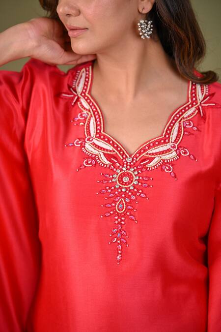 Shop Hasrat By Salma Red Silk, Chanderi Beads, Sequins Scoop Neck Hand Embroidered Kaftan Online at Aza Fashions Shop_Hasrat By Salma_Red Silk, Chanderi Beads, Sequins Scoop Neck Hand Embroidered Kaftan _Online_at_Aza_Fashions