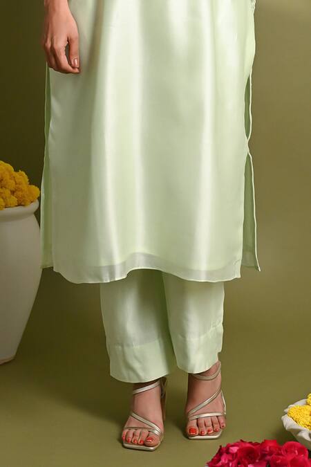 Hasrat By Salma_Green , , Beads, Hand Embroidered Kurta With Pant For Kids_Online_at_Aza_Fashions