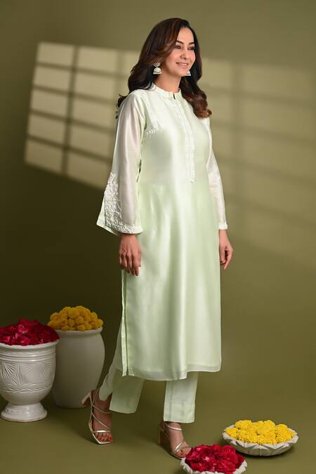 Shop_Hasrat By Salma_Green , , Beads, Hand Embroidered Kurta With Pant For Kids_Online_at_Aza_Fashions