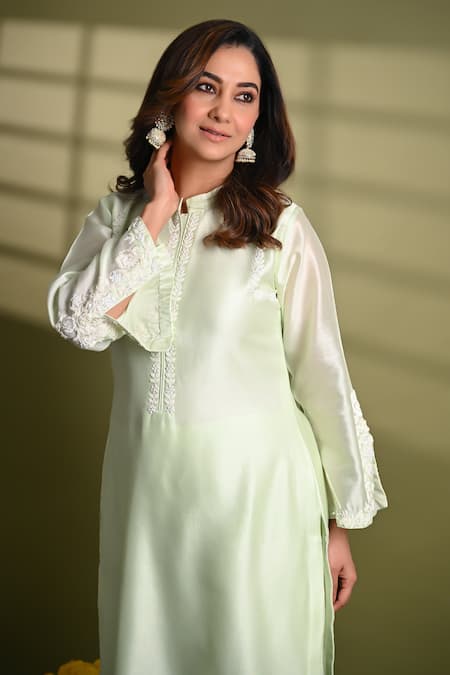 Hasrat By Salma_Green , , Beads, Hand Embroidered Kurta With Pant For Kids_at_Aza_Fashions