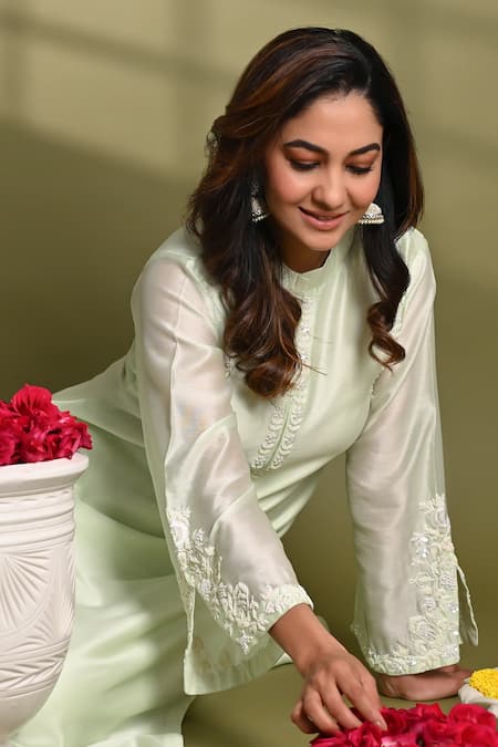 Shop_Hasrat By Salma_Green , , Beads, Hand Embroidered Kurta With Pant For Kids