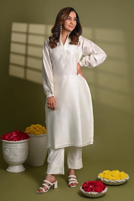 Buy_Hasrat By Salma_White Silk, Chanderi Solid Kurta With Pant For Kids_Online_at_Aza_Fashions