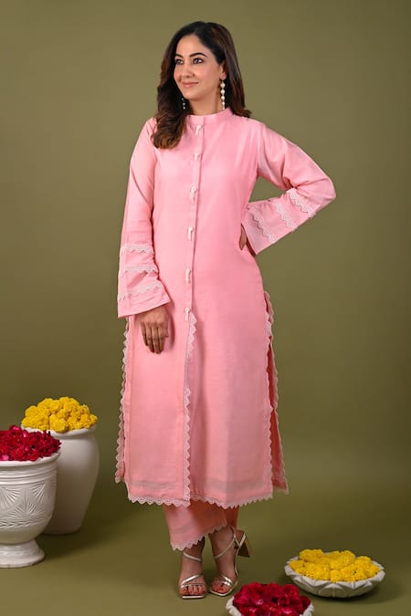 Hasrat By Salma Pink Silk Chanderi Hand Embroidered Lace Collar Kurta With Pant 