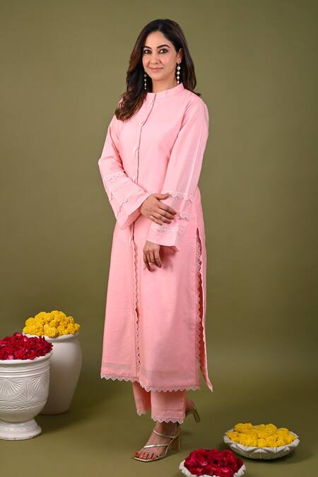 Hasrat By Salma_Pink Silk, Chanderi Lace Hand Embroidered Kurta With Pant For Kids_Online_at_Aza_Fashions