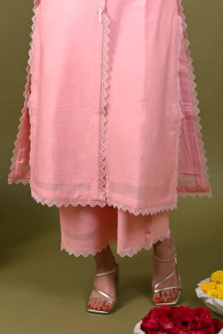 Shop_Hasrat By Salma_Pink Silk, Chanderi Lace Hand Embroidered Kurta With Pant For Kids_Online_at_Aza_Fashions