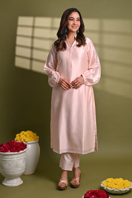 Buy_Hasrat By Salma_Pink Silk, Chanderi Mandarin Kurta With Pant For Kids_Online_at_Aza_Fashions