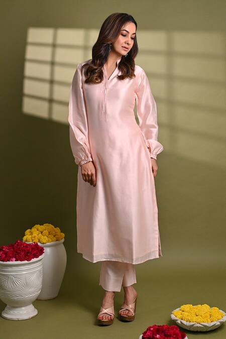 Shop_Hasrat By Salma_Pink Silk, Chanderi Mandarin Kurta With Pant For Kids_Online_at_Aza_Fashions