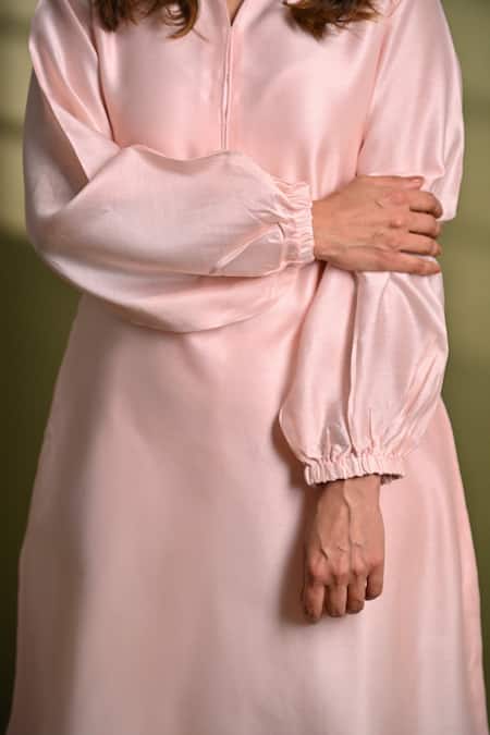 Hasrat By Salma_Pink Silk, Chanderi Mandarin Kurta With Pant For Kids_at_Aza_Fashions