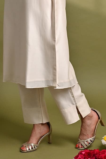 Hasrat By Salma_Off White Silk, Chanderi Sequins, Beads Hand Embroidered Kurta And Pant Set For Kids_Online_at_Aza_Fashions