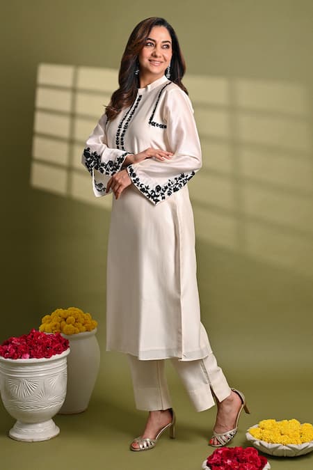 Buy_Hasrat By Salma_Off White Silk, Chanderi Sequins, Beads Hand Embroidered Kurta And Pant Set For Kids_Online_at_Aza_Fashions