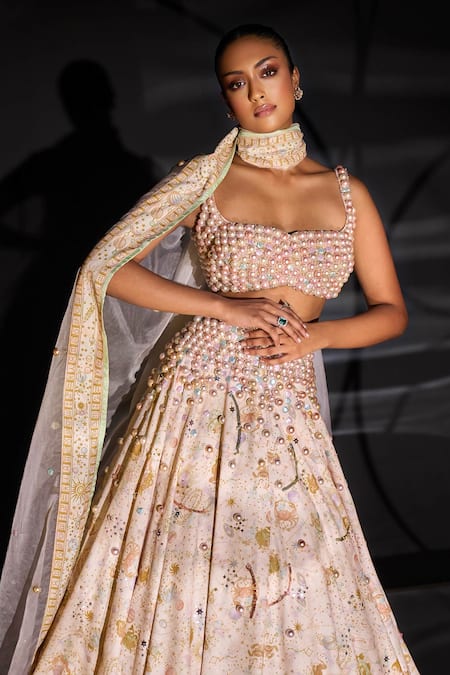 Ohaila Khan Multi Color Polyamide, Polyester Pearls, Agena Hand Embellished Lehenga Set at Aza Fashions Ohaila Khan_Multi Color Polyamide, Polyester Pearls, Agena Hand Embellished Lehenga Set _at_Aza_Fashions