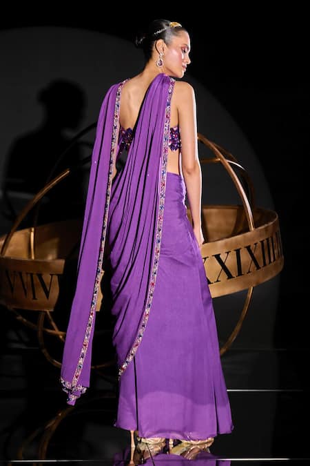 Ohaila Khan Purple Tulle, Chiffon Sequins, Beads Artemis Pre-draped Saree With Blouse Online at Aza Fashions Ohaila Khan_Purple Tulle, Chiffon Sequins, Beads Artemis Pre-draped Saree With Blouse _Online_at_Aza_Fashions