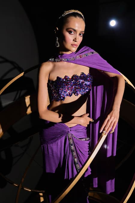 Buy Ohaila Khan Purple Tulle, Chiffon Sequins, Beads Artemis Pre-draped Saree With Blouse Online at Aza Fashions Buy_Ohaila Khan_Purple Tulle, Chiffon Sequins, Beads Artemis Pre-draped Saree With Blouse _Online_at_Aza_Fashions
