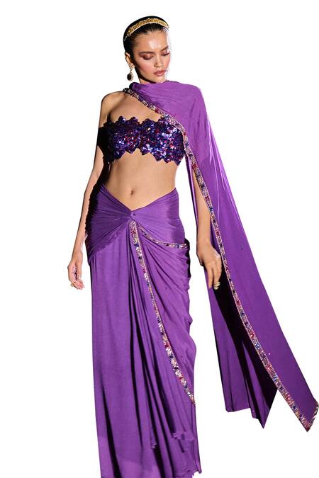 Shop Ohaila Khan Purple Tulle, Chiffon Sequins, Beads Artemis Pre-draped Saree With Blouse Online at Aza Fashions Shop_Ohaila Khan_Purple Tulle, Chiffon Sequins, Beads Artemis Pre-draped Saree With Blouse _Online_at_Aza_Fashions