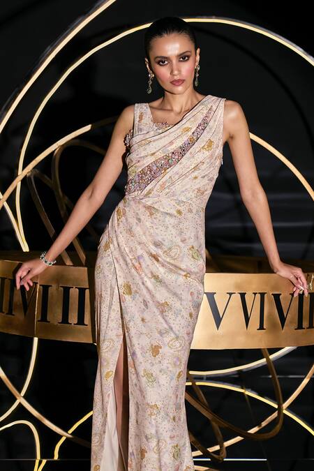 Shop Ohaila Khan Multi Color Tulle, Polyester Pearls, Crystals Astra Cosmic Print Gown Online at Aza Fashions Shop_Ohaila Khan_Multi Color Tulle, Polyester Pearls, Crystals Astra Cosmic Print Gown _Online_at_Aza_Fashions