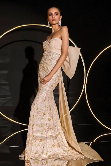 Ohaila Khan Multi Color Organza, Polyamide Sequins, Astrid Hand Embellished Bow Gown Online at Aza Fashions Ohaila Khan_Multi Color Organza, Polyamide Sequins, Astrid Hand Embellished Bow Gown _Online_at_Aza_Fashions