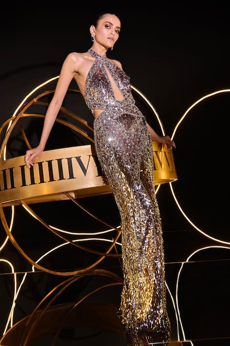 Ohaila Khan_Multi Color Tulle Pearls, Sequins, Crystals, Atlas Hand Embellished Bodycon Gown _Online_at_Aza_Fashions