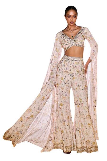 Ohaila Khan Multi Color Polyamide, Polyester Pearls, Crystals, Aylin Cape Blouse Sharara Set Online at Aza Fashions Ohaila Khan_Multi Color Polyamide, Polyester Pearls, Crystals, Aylin Cape Blouse Sharara Set _Online_at_Aza_Fashions