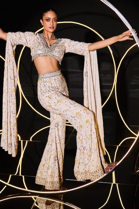 Shop Ohaila Khan Multi Color Polyamide, Polyester Pearls, Crystals, Aylin Cape Blouse Sharara Set Online at Aza Fashions Shop_Ohaila Khan_Multi Color Polyamide, Polyester Pearls, Crystals, Aylin Cape Blouse Sharara Set _Online_at_Aza_Fashions