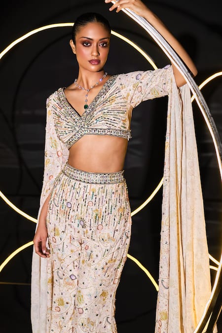 Ohaila Khan Multi Color Polyamide, Polyester Pearls, Crystals, Aylin Cape Blouse Sharara Set at Aza Fashions Ohaila Khan_Multi Color Polyamide, Polyester Pearls, Crystals, Aylin Cape Blouse Sharara Set _at_Aza_Fashions