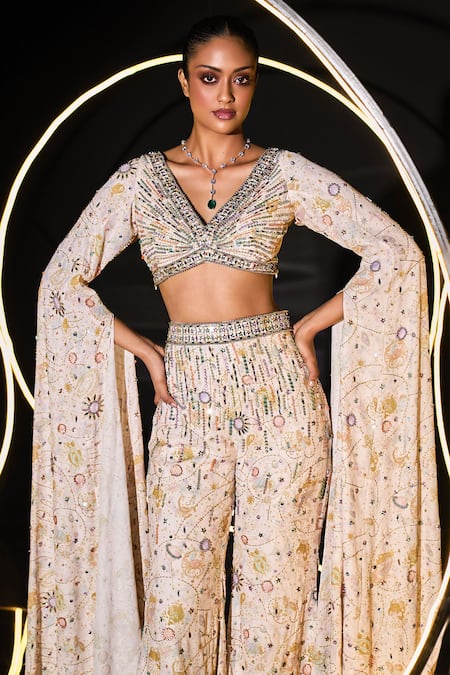 Buy Ohaila Khan Multi Color Polyamide, Polyester Pearls, Crystals, Aylin Cape Blouse Sharara Set Buy_Ohaila Khan_Multi Color Polyamide, Polyester Pearls, Crystals, Aylin Cape Blouse Sharara Set