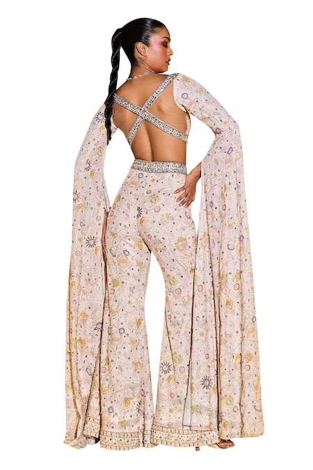 Shop Ohaila Khan Multi Color Polyamide, Polyester Pearls, Crystals, Aylin Cape Blouse Sharara Set Shop_Ohaila Khan_Multi Color Polyamide, Polyester Pearls, Crystals, Aylin Cape Blouse Sharara Set