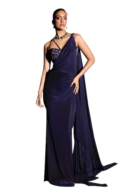 Ohaila Khan_Blue Lycra Printed Starburst Consetallation Navy Draped Saree Gown With Blouse _Online_at_Aza_Fashions