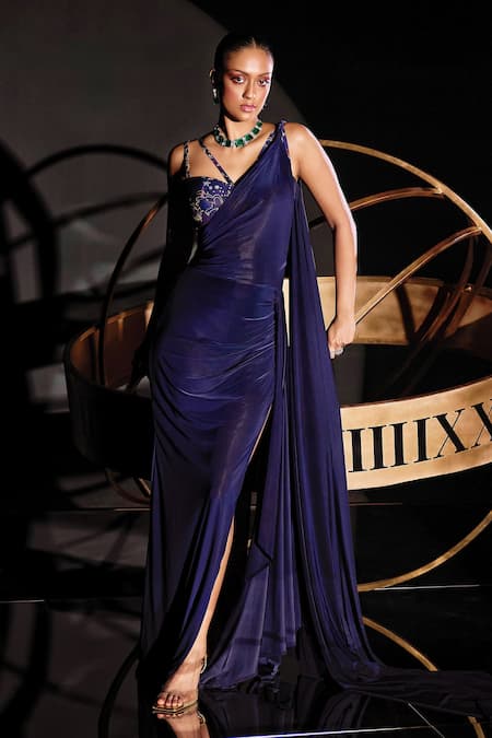 Shop_Ohaila Khan_Blue Lycra Printed Starburst Consetallation Navy Draped Saree Gown With Blouse _Online_at_Aza_Fashions