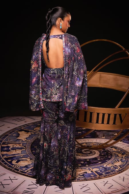 Shop_Ohaila Khan_Blue Polyamide Embroidery V-neck Cassiopeeia Cape Kurta With Sharara _at_Aza_Fashions