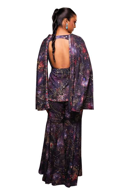 Ohaila Khan_Blue Polyamide Embroidery V-neck Cassiopeeia Cape Kurta With Sharara _Online_at_Aza_Fashions