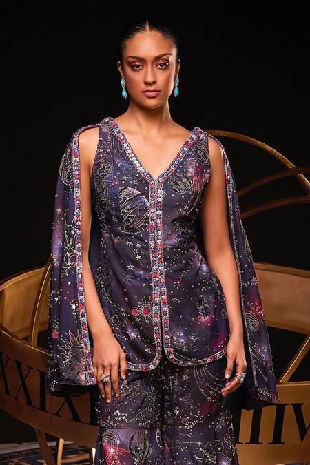 Buy_Ohaila Khan_Blue Polyamide Embroidery V-neck Cassiopeeia Cape Kurta With Sharara _Online_at_Aza_Fashions