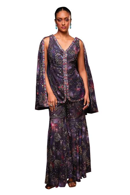 Ohaila Khan_Blue Polyamide Embroidery V-neck Cassiopeeia Cape Kurta With Sharara _at_Aza_Fashions