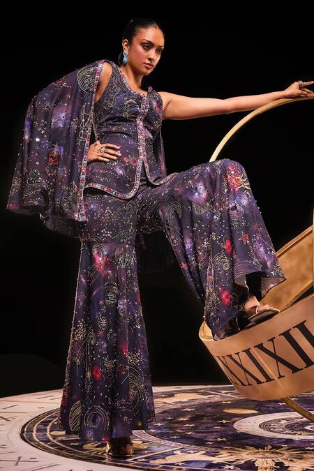 Shop_Ohaila Khan_Blue Polyamide Embroidery V-neck Cassiopeeia Cape Kurta With Sharara 