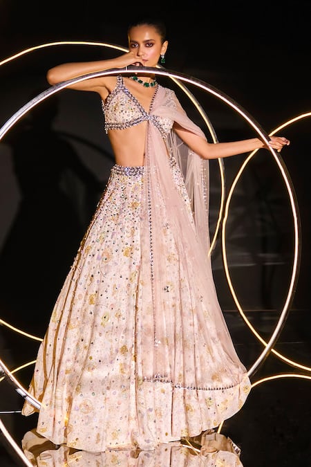 Ohaila Khan Multi Color Tulle, Polyamide Pearls, Crystals Elara Hand Embroidered Lehenga Set Online at Aza Fashions Ohaila Khan_Multi Color Tulle, Polyamide Pearls, Crystals Elara Hand Embroidered Lehenga Set _Online_at_Aza_Fashions