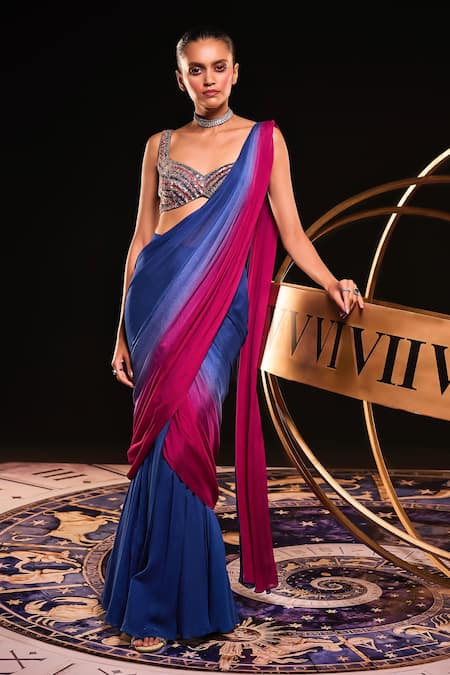 Ohaila Khan Blue Chiffon Hand Embellished Star Eloise Ombre Pre-draped Saree With Blouse 