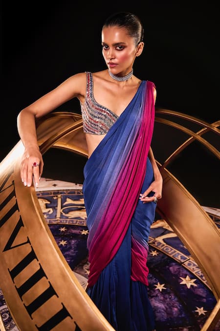 Ohaila Khan_Blue Tulle, Chiffon Sequins, Eloise Ombre Pre-draped Saree With Blouse _Online_at_Aza_Fashions