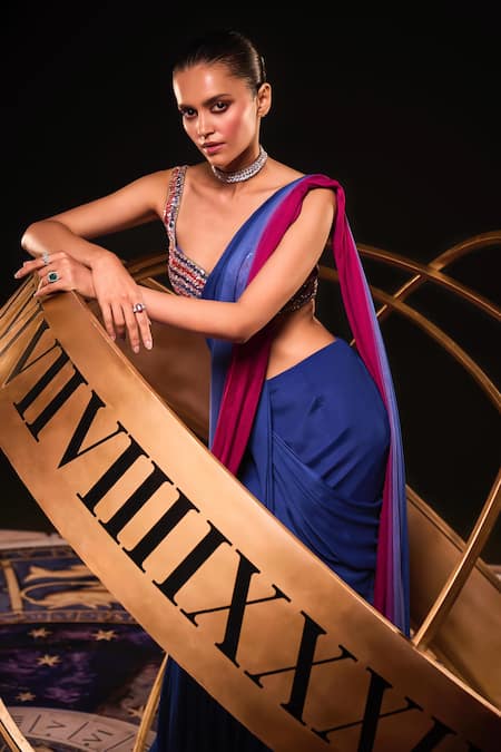 Buy_Ohaila Khan_Blue Tulle, Chiffon Sequins, Eloise Ombre Pre-draped Saree With Blouse _Online_at_Aza_Fashions