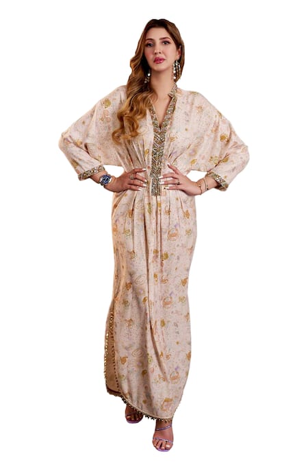 Ohaila Khan Multi Color Polyester Pearls, Crystals, Beads Mandarin Hand Embroidered Kaftan at Aza Fashions Ohaila Khan_Multi Color Polyester Pearls, Crystals, Beads Mandarin Hand Embroidered Kaftan _at_Aza_Fashions