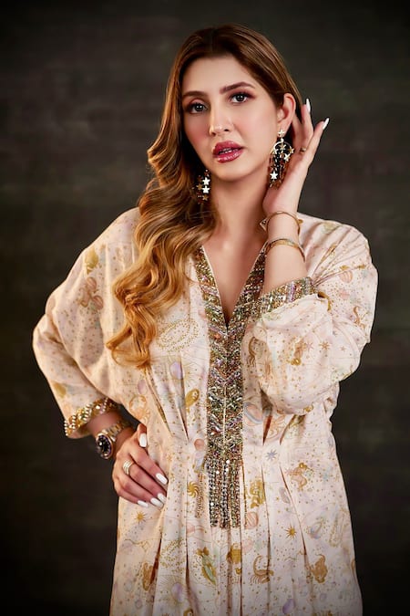 Buy Ohaila Khan Multi Color Polyester Pearls, Crystals, Beads Mandarin Hand Embroidered Kaftan Buy_Ohaila Khan_Multi Color Polyester Pearls, Crystals, Beads Mandarin Hand Embroidered Kaftan