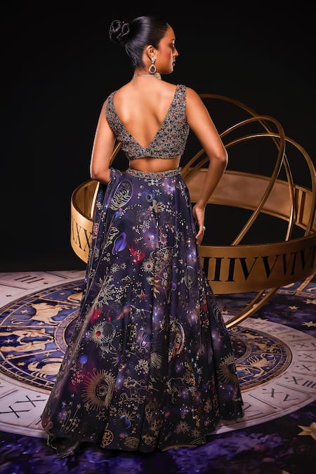 Ohaila Khan_Blue Tulle, Polyester Crystals, Beads Galaxy Jewel Encrusted Lehenga Set _Online_at_Aza_Fashions