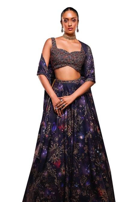 Buy_Ohaila Khan_Blue Tulle, Polyester Crystals, Beads Galaxy Jewel Encrusted Lehenga Set _Online_at_Aza_Fashions
