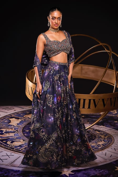 Shop_Ohaila Khan_Blue Tulle, Polyester Crystals, Beads Galaxy Jewel Encrusted Lehenga Set _Online_at_Aza_Fashions