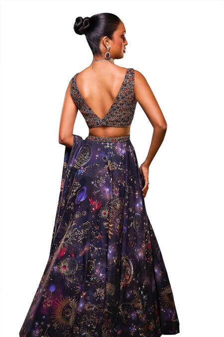 Ohaila Khan_Blue Tulle, Polyester Crystals, Beads Galaxy Jewel Encrusted Lehenga Set _at_Aza_Fashions