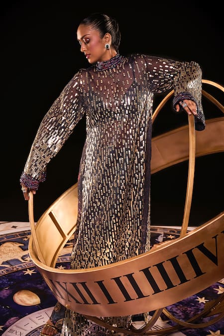 Shop Ohaila Khan Blue Organza, Polyester, Polyamide Sequins, Embellished Kaftan Bell Bottom Set at Aza Fashions Shop_Ohaila Khan_Blue Organza, Polyester, Polyamide Sequins, Embellished Kaftan Bell Bottom Set _at_Aza_Fashions